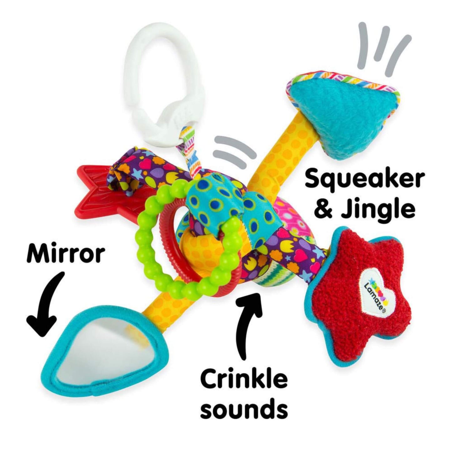 Soft baby toy showing mirror, squeaker, jingle and crinkle features for varied sensory play.