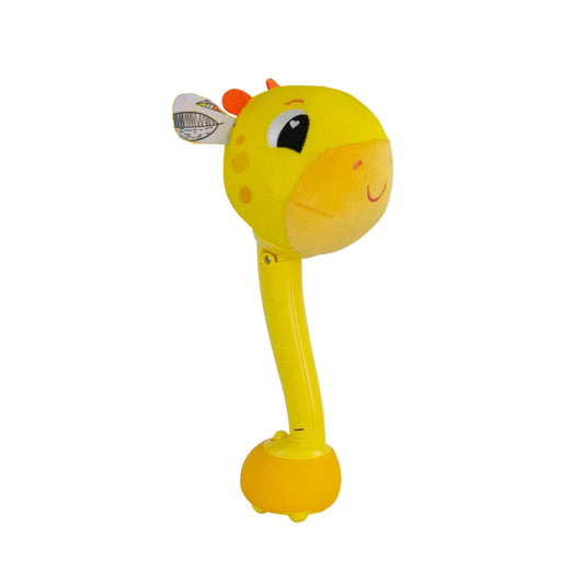 Yellow giraffe toy with a plush head, printed fabric ears and a long curved handle designed for babies to grasp.