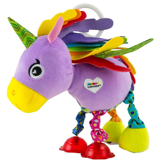 Bright bold colours and patterns to stimulate baby's vision. Crinkle sounds awaken baby's auditory awareness. Clip clop hooves make trotting noises for baby. Attached link makes this handy as a take along toy.