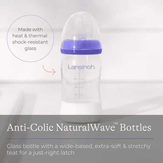 Glass Baby Bottle with soft, wide-based teat, designed to support natural feeding and reduce nipple confusion.