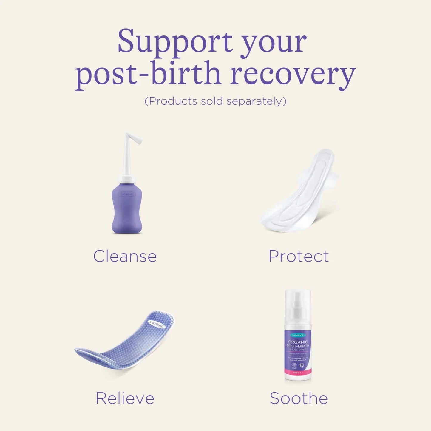 Postpartum recovery essentials including a peri bottle, maternity pad, cooling therapy pad and relief spray arranged with recovery support labels.