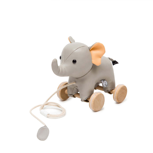 Ultra soft pull along elephant with wooden wheels. Charming retro style, soft texture, adjustable length with two detachable cords.