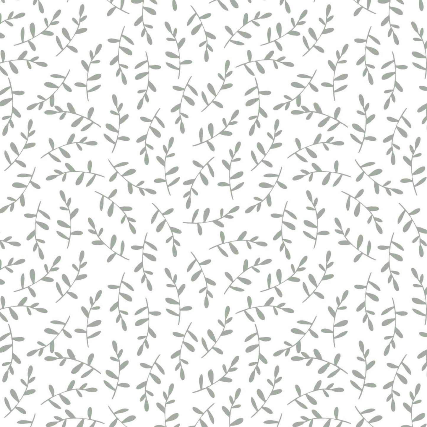 Close-up of Lulujo Greenry print changing pad cover fabric showing crisp white background with delicate sage green botanical sprigs pattern, perfect for gender-neutral nursery décor.