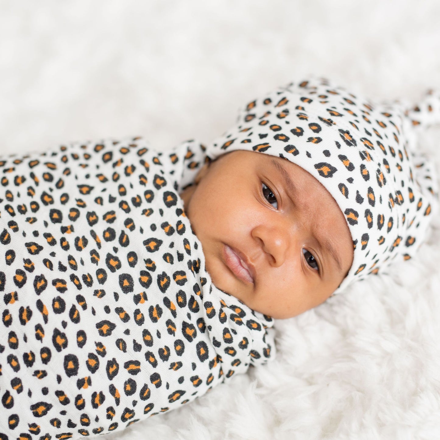 Close-up of newborn wearing Lulujo leopard print swaddle and knotted hat set against white background, perfect for stylish newborn photography.