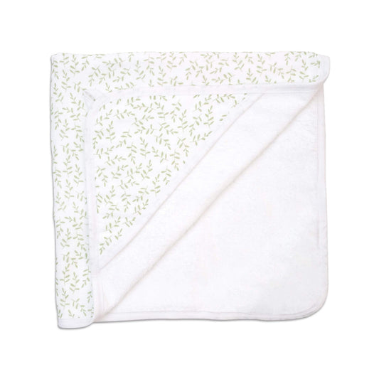 The Lulujo Greenery hooded towel folded flat, displaying its white terry cloth interior with decorative green leaf sprigs along the border.