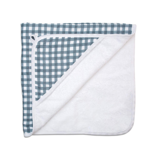 Lulujo gingham hooded towel folded flat, showing the blue and white checkered pattern with soft white terry cloth backing for maximum absorbency.