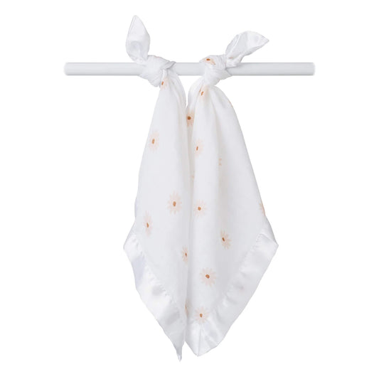 Lulujo muslin comfort blanket displayed tied, with soft white fabric, peach daisy pattern, and smooth satin edging—ideal for soothing and cuddling.