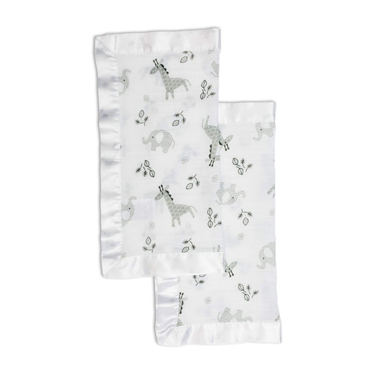 Pair of Lulujo Afrique security blankets with satin trim displaying gentle grey safari animals and leaf pattern on white muslin, perfect for baby comfort.
