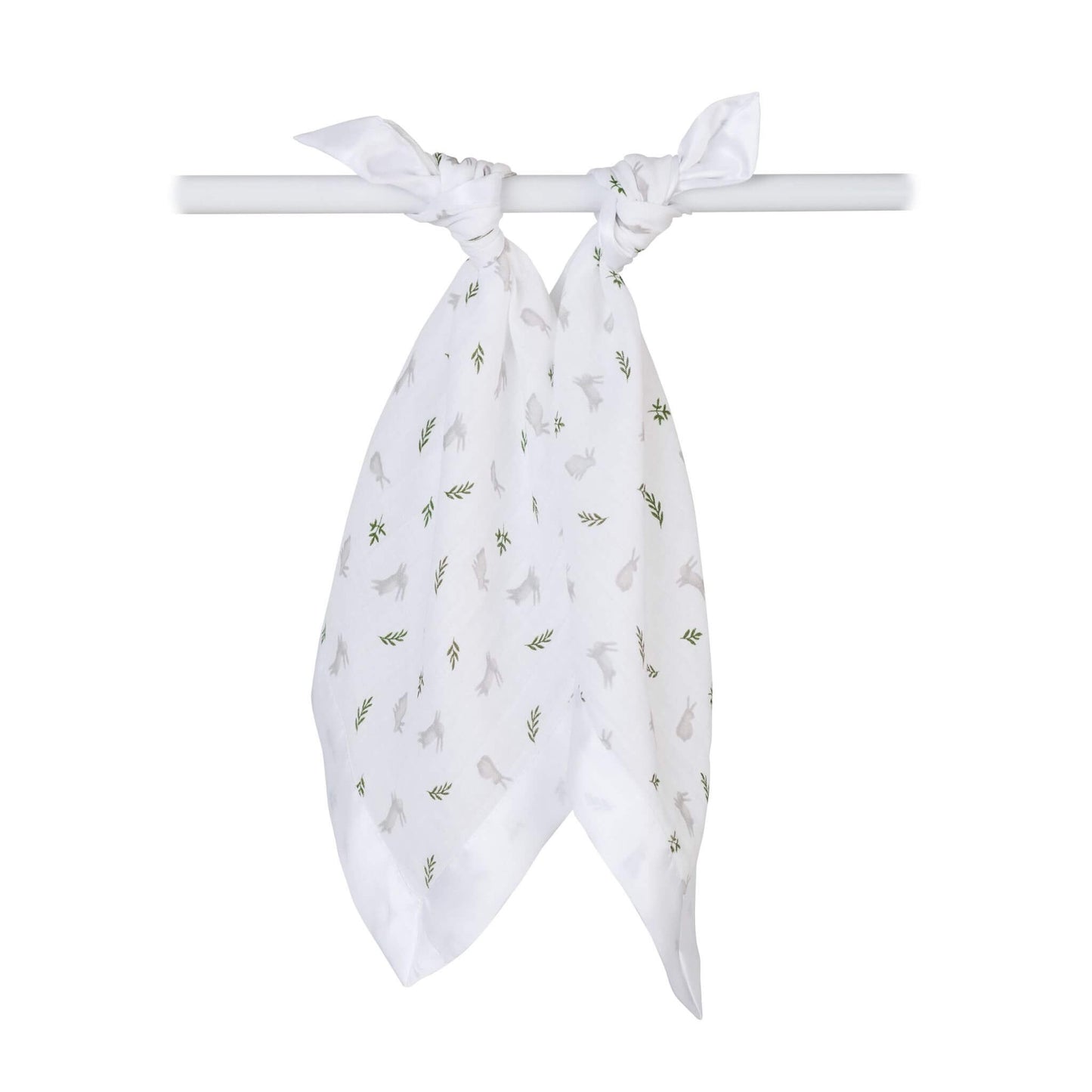 Lulujo security blanket tied on nursery rod showing grey bunny and green leaf print on white fabric, versatile for cot or pram use and baby comforting.
