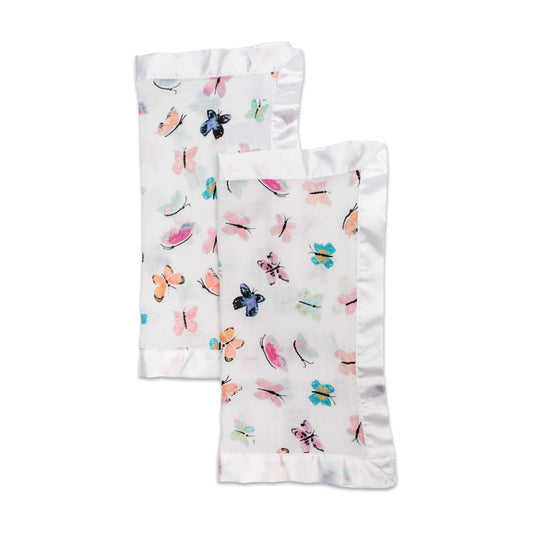 Pair of Lulujo Butterfly security blankets with satin trim displaying watercolour butterfly design in pink, blue, orange and turquoise on white muslin, perfect for soothing babies.
