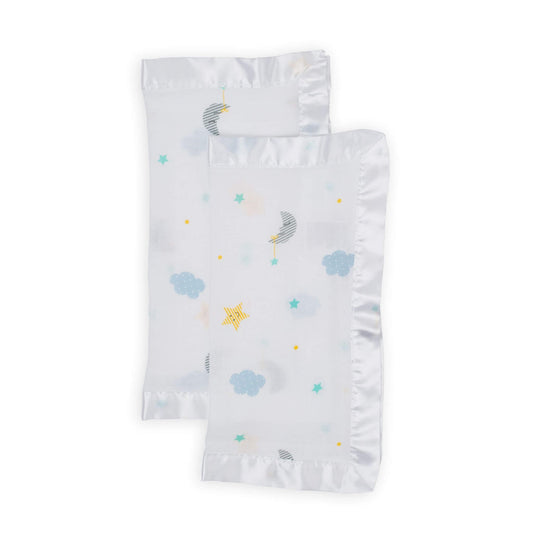 Pair of Lulujo Dreamland security blankets with satin trim displaying striped crescent moons, stars and fluffy clouds in soft blue, mint and yellow on white muslin.