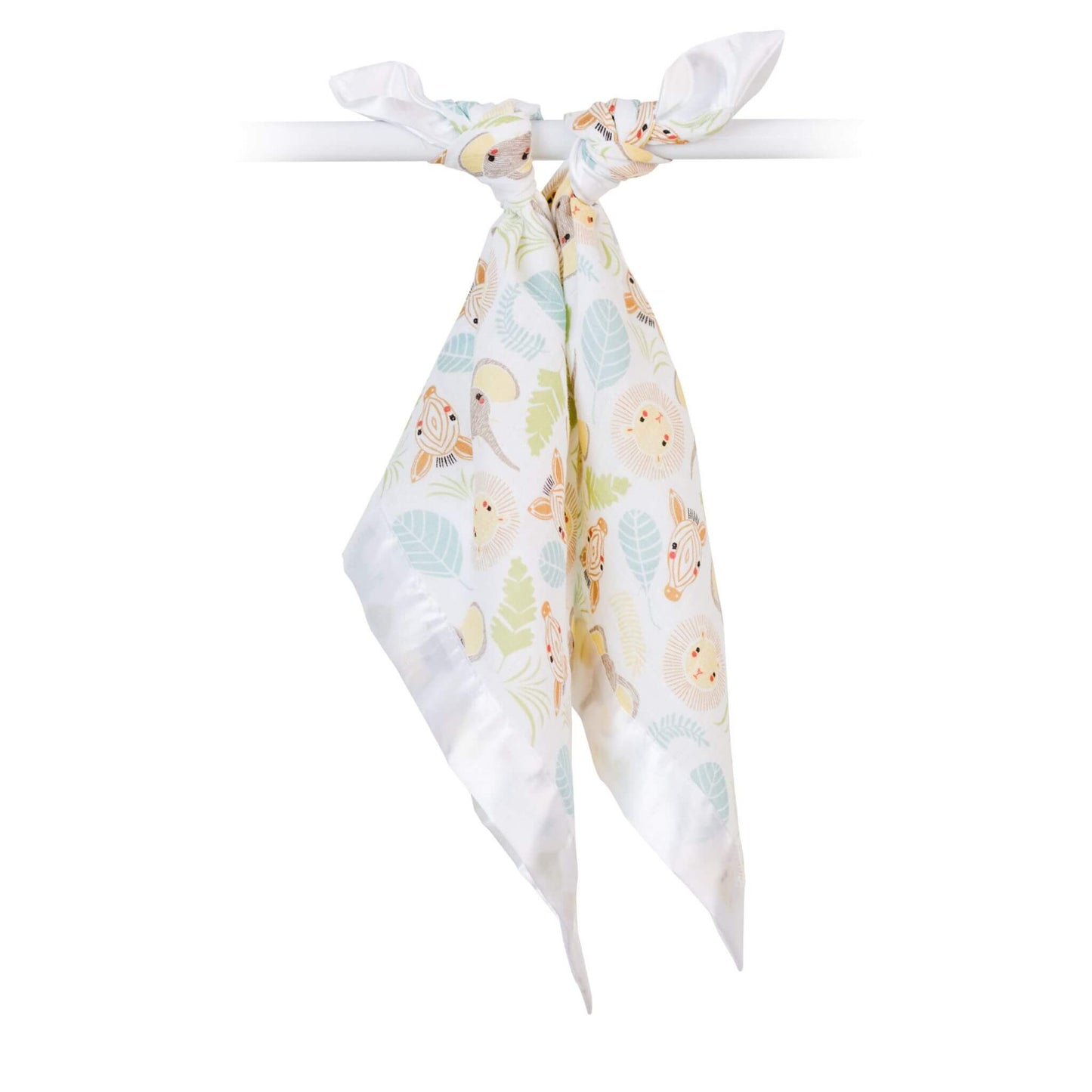 Lulujo Jungle Safari security blanket tied on nursery rod showing sweet illustrated animal pattern with lions, elephants and zebras in soft pastel colours.