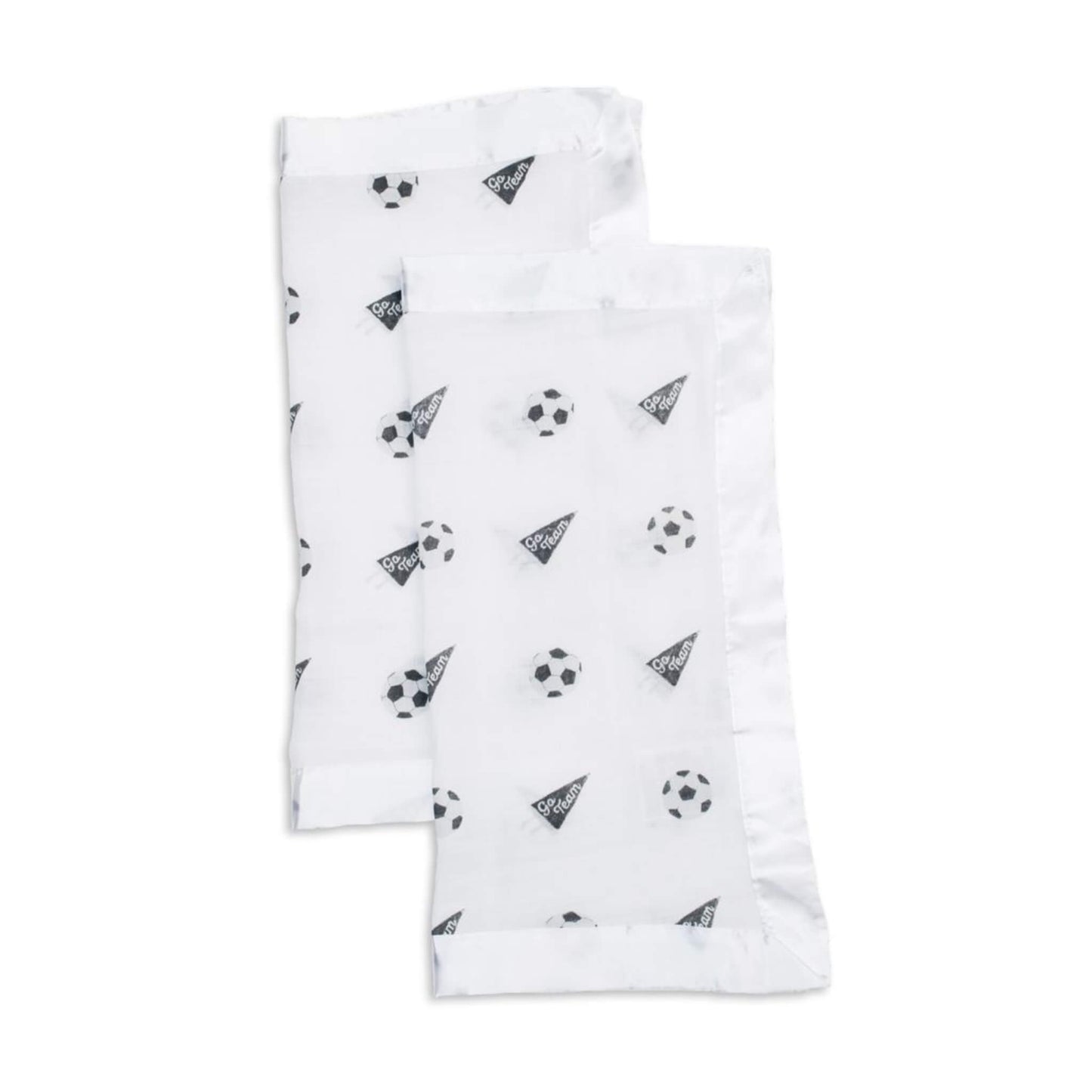 A pair of folded white muslin security blankets with black football pattern and ‘Go Team’ flag design, finished with smooth satin borders.