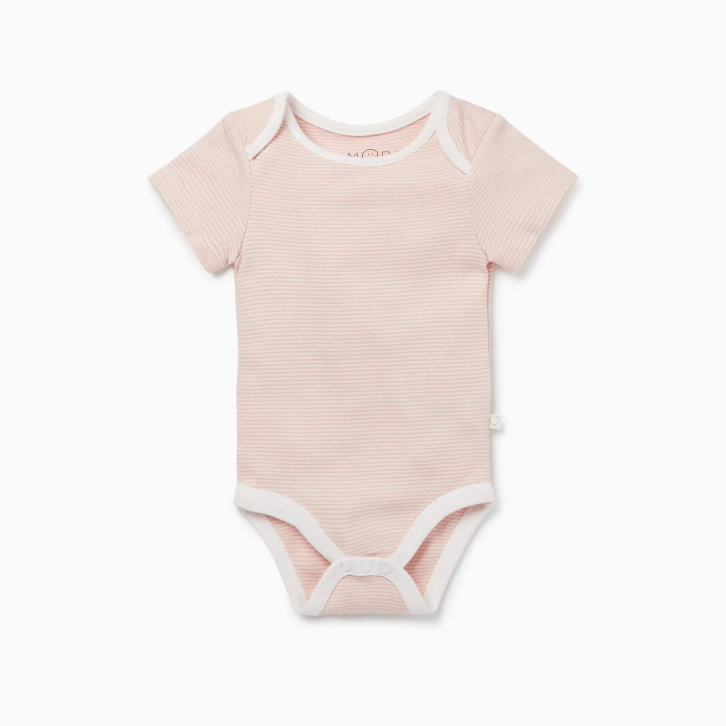 A MORI Short Sleeve Bodysuit in Blush Stripe shown laid flat with short sleeves and soft envelope shoulders.