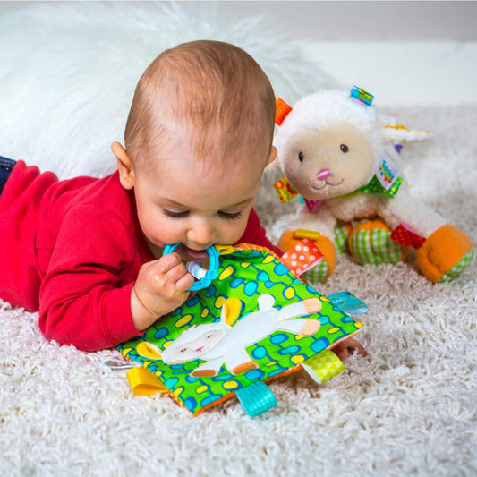 Baby in red top lying on a rug chewing the blue teether clip of the Sherbet Lamb Crinkle Me toy, with a larger lamb plush toy in the background.