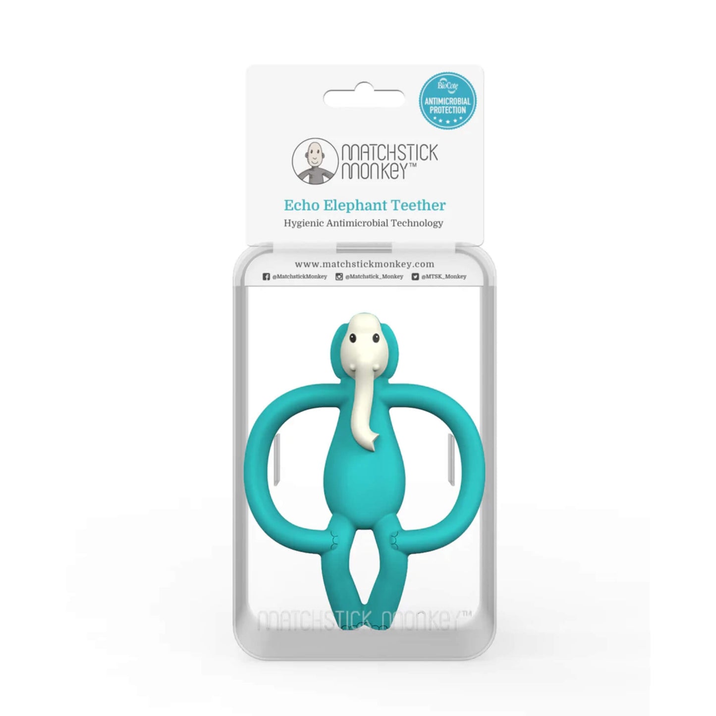 Retail blister packaging displaying elephant silicone teether with hygienic antimicrobial protection label and product branding on card insert.