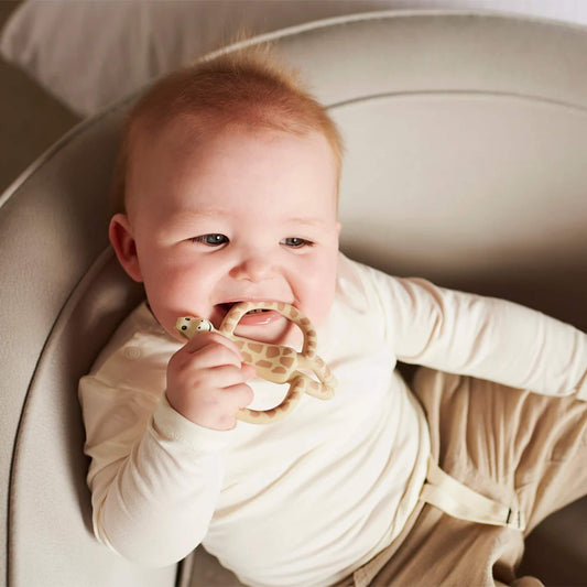 A baby sitting in a cushioned chair holding a giraffe-shaped teether close to their mouth while smiling.