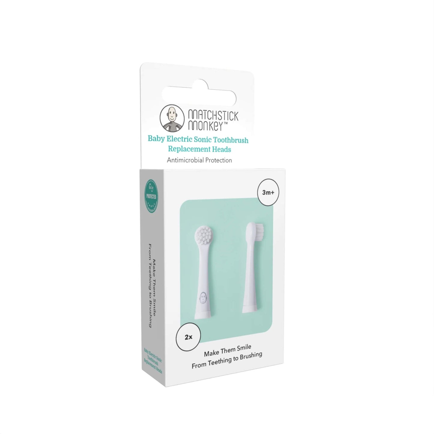 Retail packaging showing a boxed set of two baby electric toothbrush replacement heads inside a white and mint-green display pack, with the age guidance printed on the front.