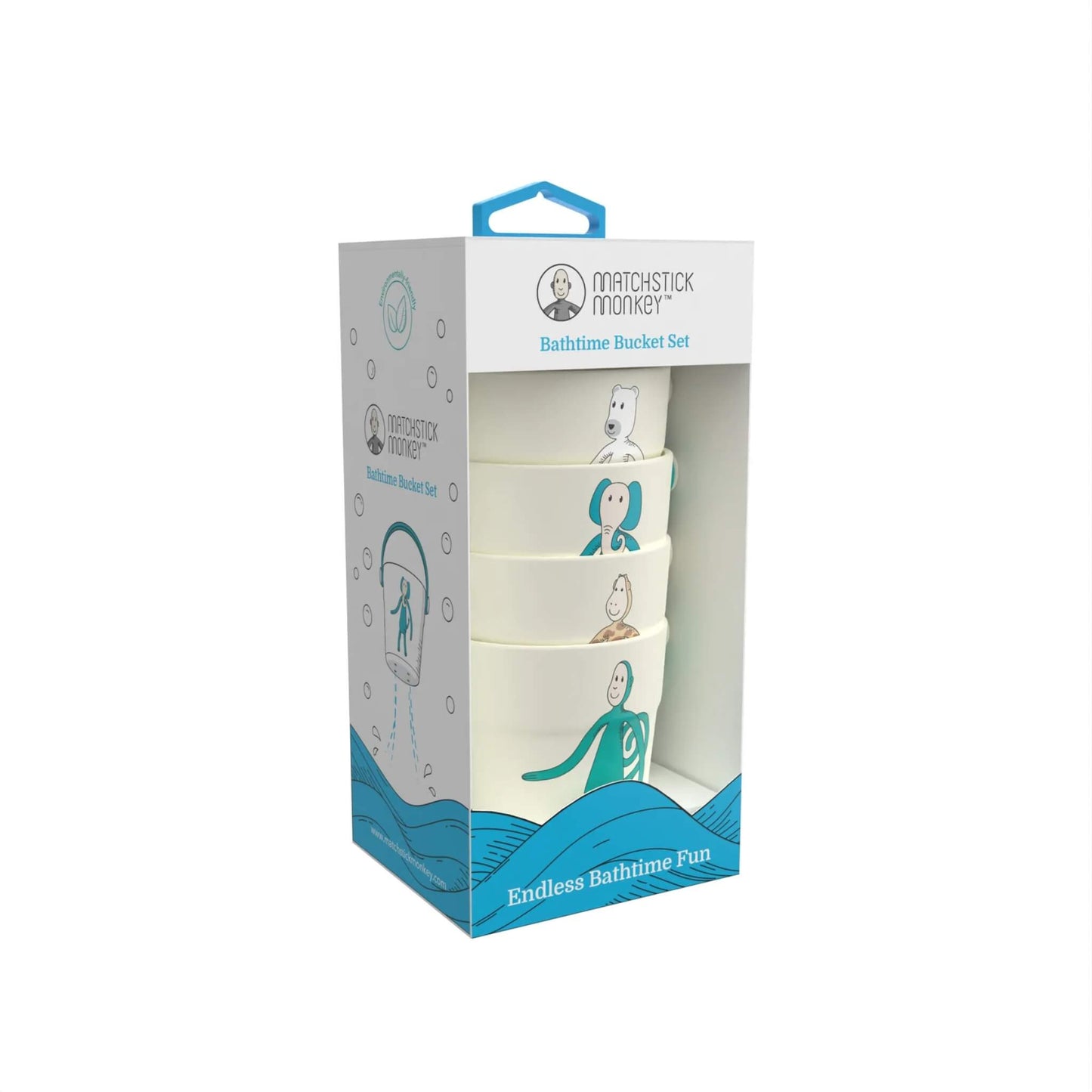 A tall retail box containing the bathtime bucket set, showing the product stacked inside with illustrated characters visible through the window.