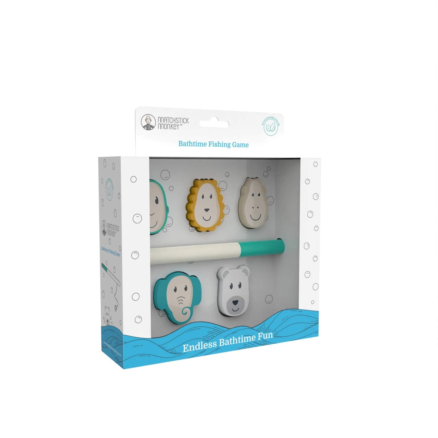 A boxed Matchstick Monkey Bathtime Fishing Game set with the character pieces visible through the front window.