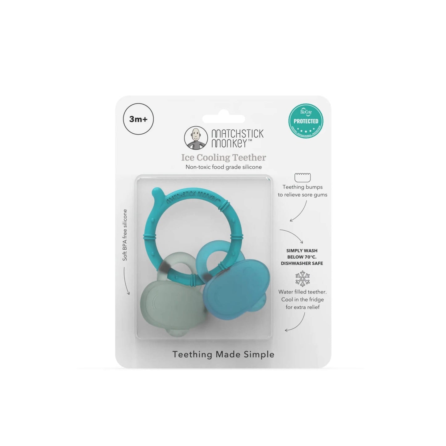 Retail packaging showing a blue silicone cooling teether with monkey face teethers inside a clear blister pack labelled suitable for babies aged three months and older.