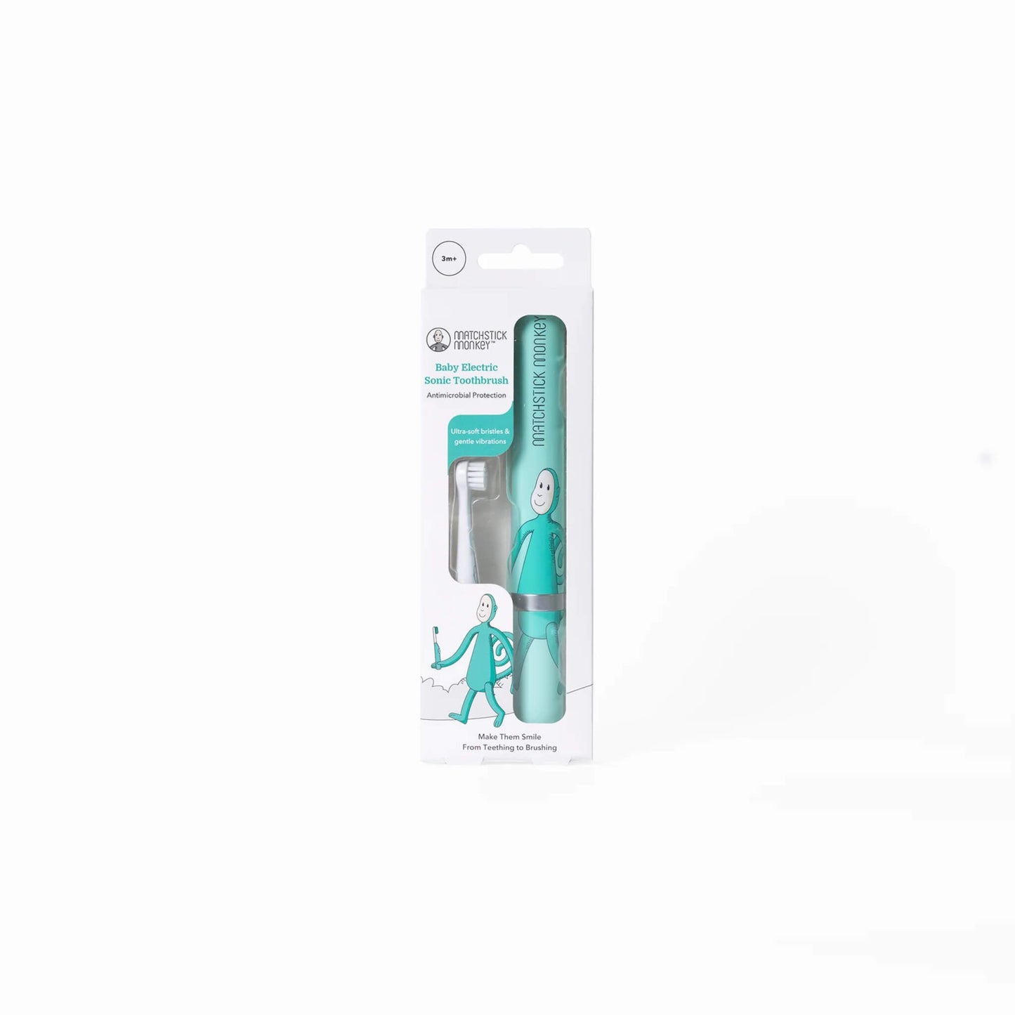 A retail pack containing a baby electric toothbrush and a spare brush head, presented in clear packaging with illustrated turquoise character design.