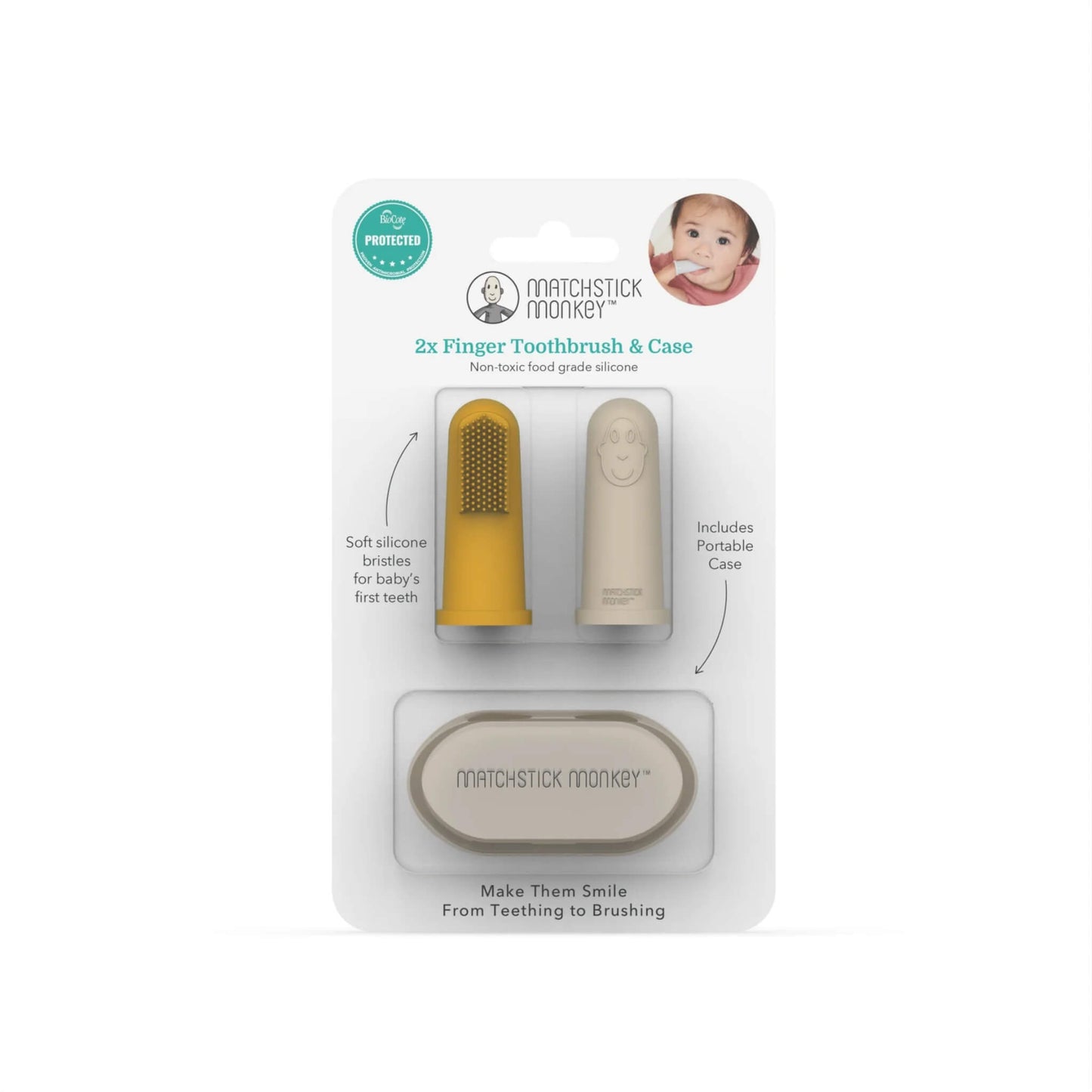 Retail packaging showing two silicone finger toothbrushes and portable carry case.