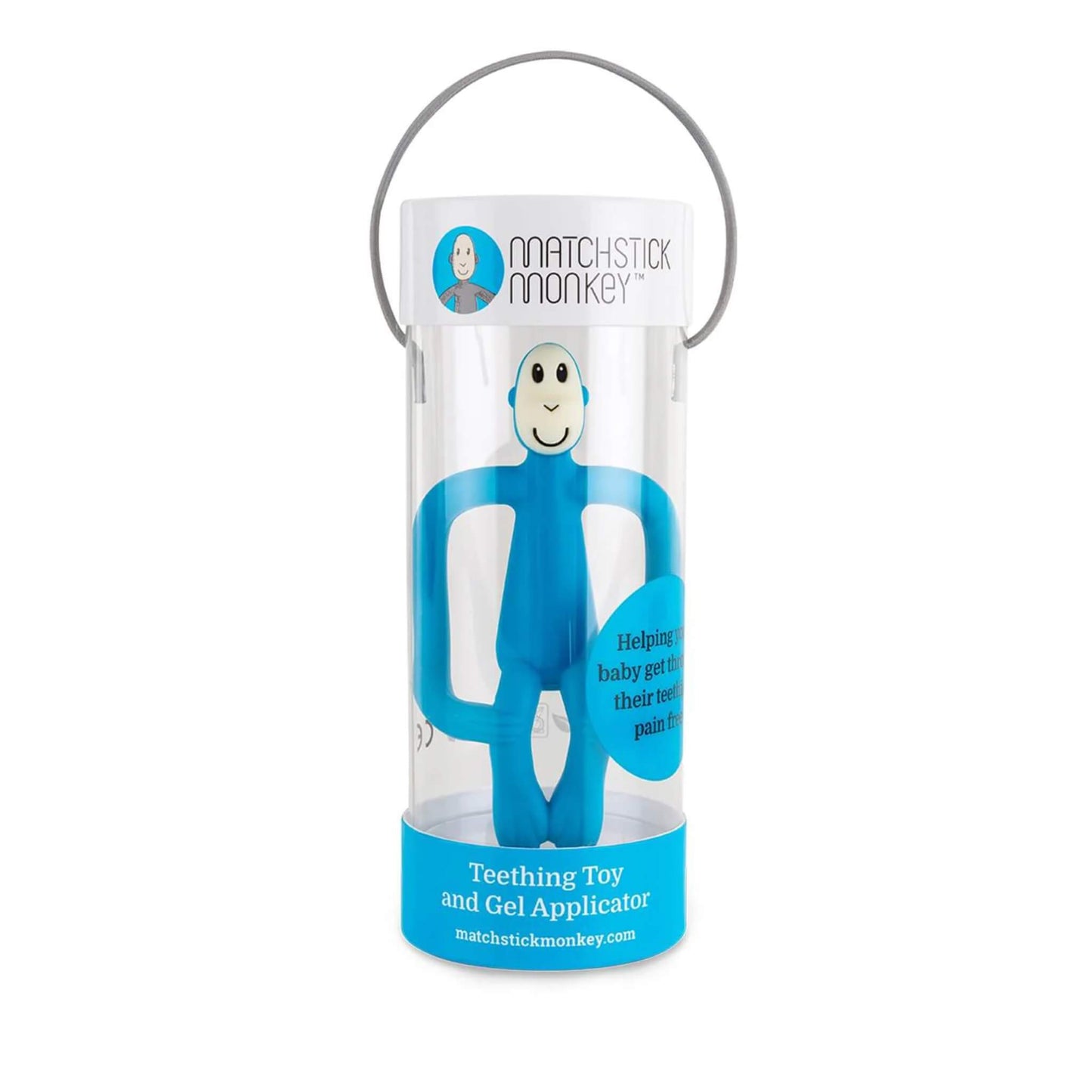 A blue silicone teether displayed inside clear cylindrical packaging with a white and turquoise label and a carry handle on top.