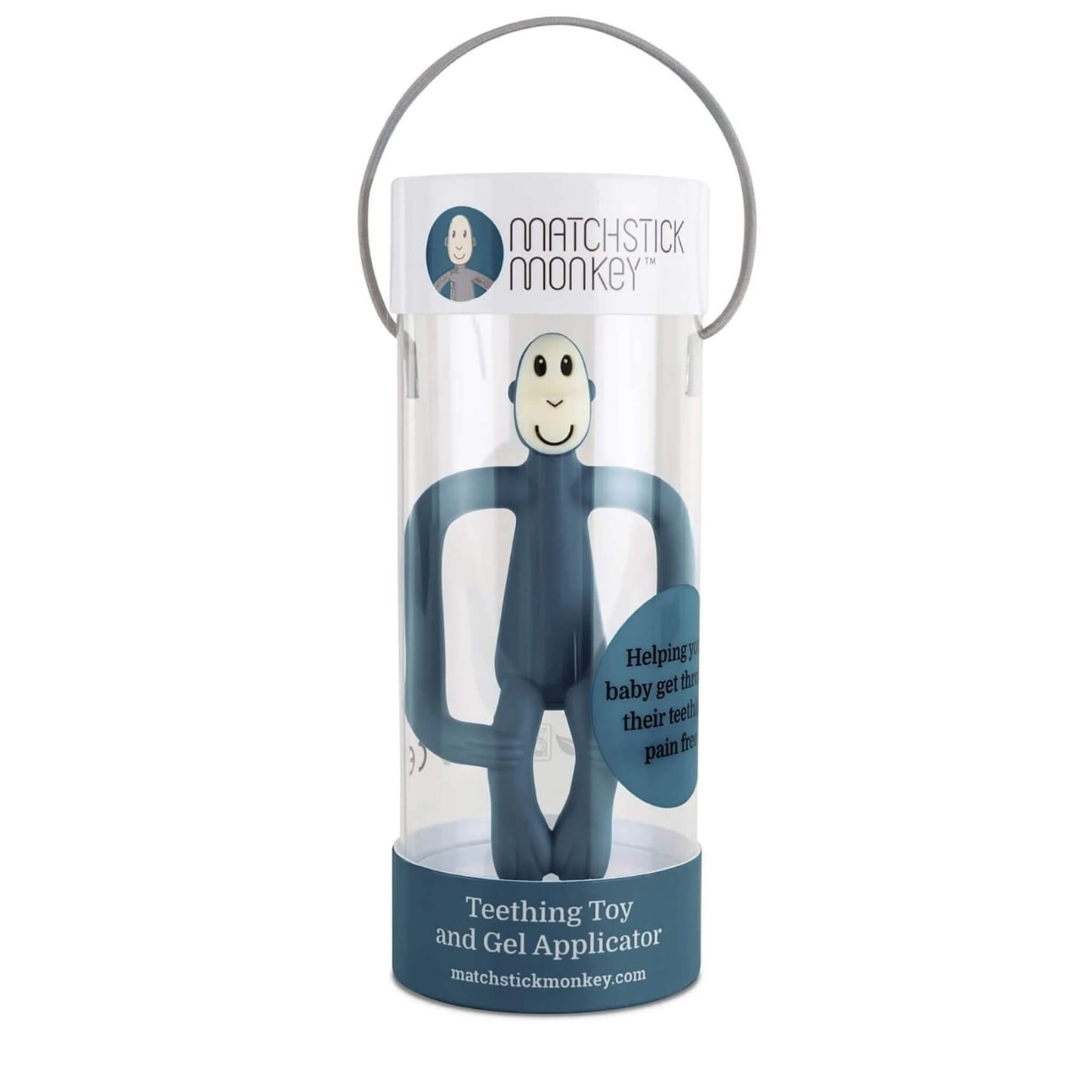A blue monkey-shaped teething toy packaged vertically inside a clear cylindrical gift tube with a handle.