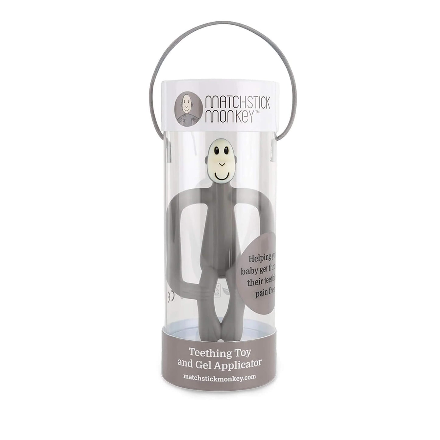 A grey monkey-shaped teething toy packaged vertically inside a clear cylindrical gift tube with a handle.