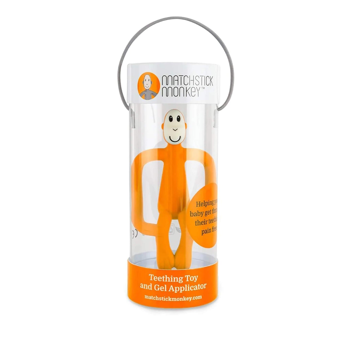 An orange monkey-shaped baby teething toy packaged vertically inside a clear cylindrical gift tube with a handle.