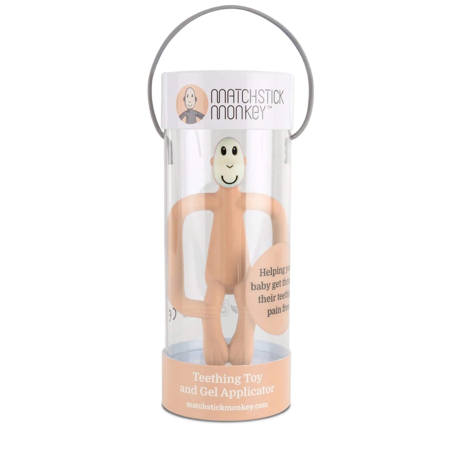 A peach silicone monkey teething toy displayed inside a clear cylindrical box with a carry handle and printed branding.