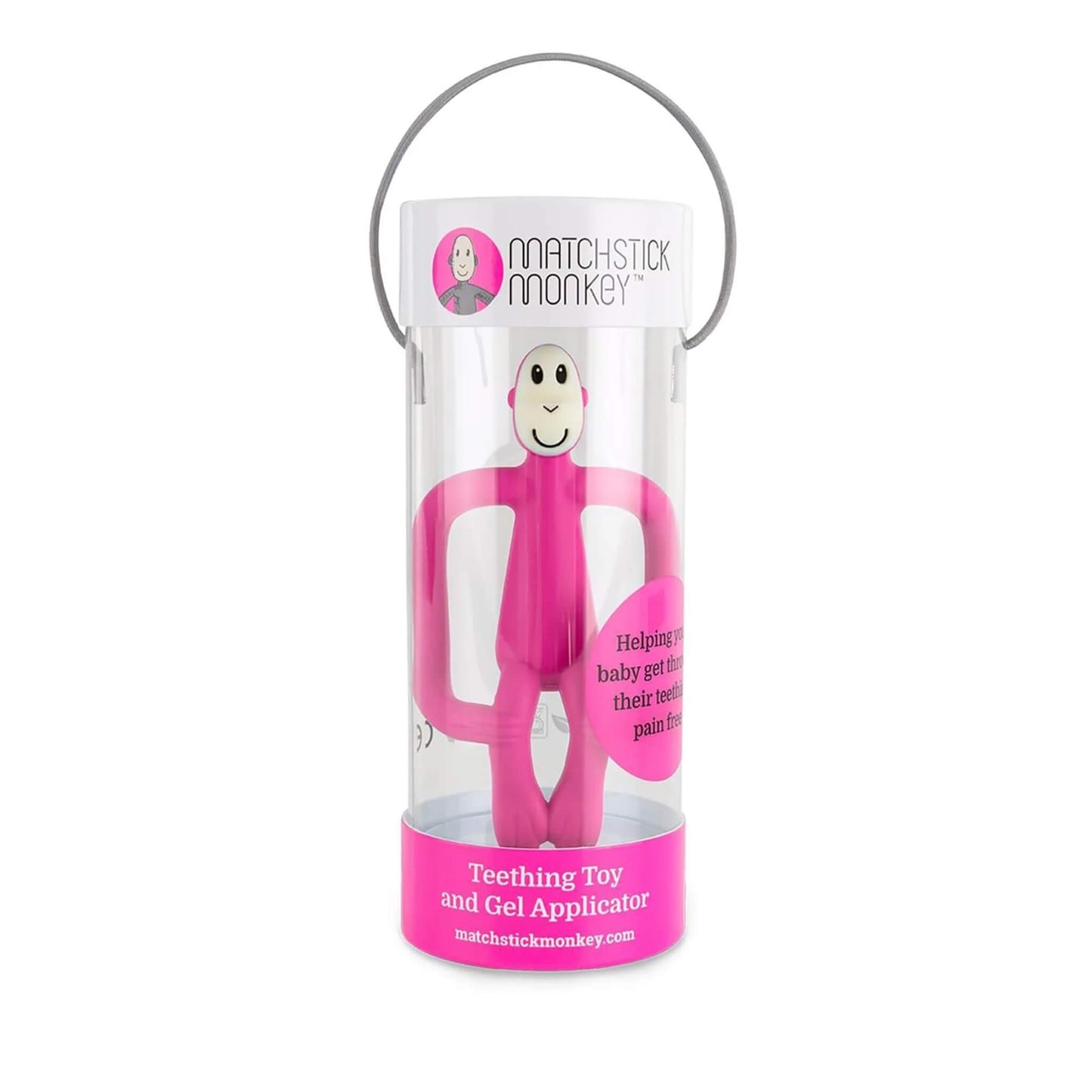 A pink monkey-shaped baby teething toy packaged vertically inside a clear cylindrical gift tube with a handle.