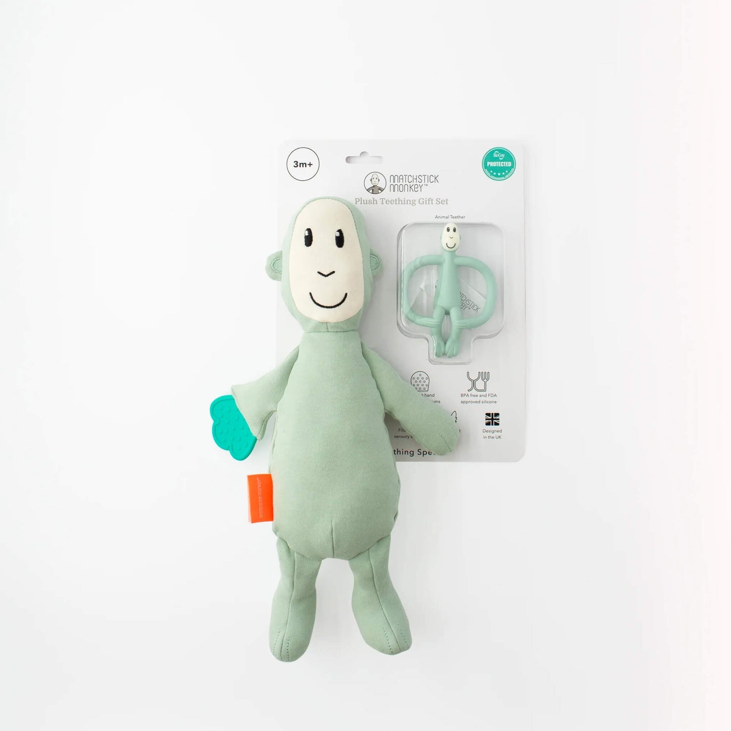 A soft monkey sensory toy and silicone monkey teether displayed in retail packaging against a white background.