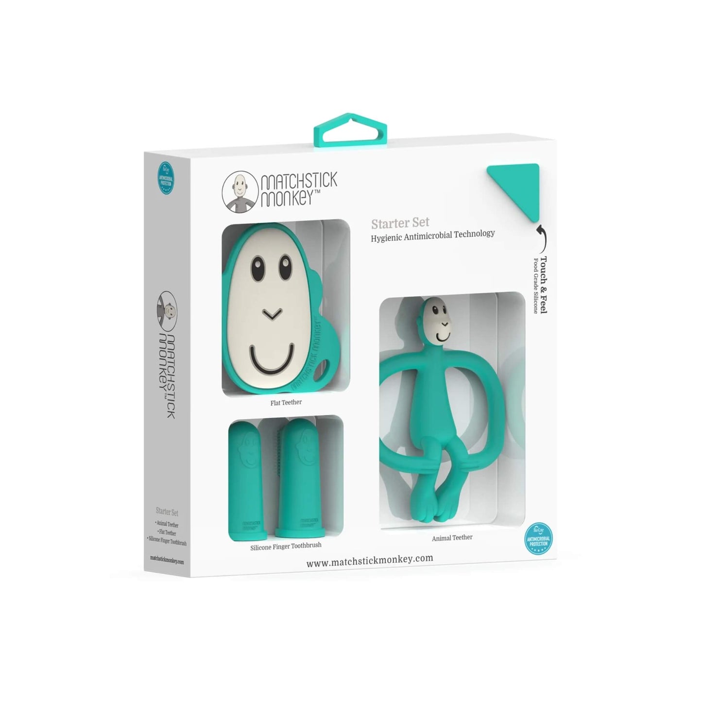 Retail packaging with a clear window showing a green flat teether, two silicone finger toothbrushes, and a monkey-shaped teether inside the box.