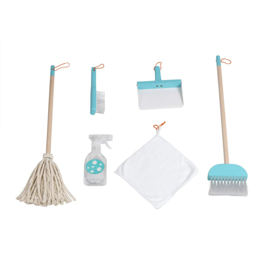All six items from the Moover Cleaning Set laid out, including mop, broom, brush, cloth, dustpan and spray bottle.