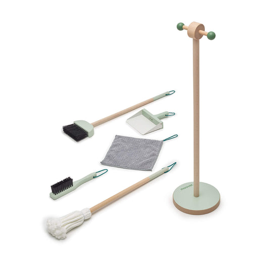 All components of the Moover Cleaning Set in green laid out, including broom, mop, cloth, brush, dustpan and stand.