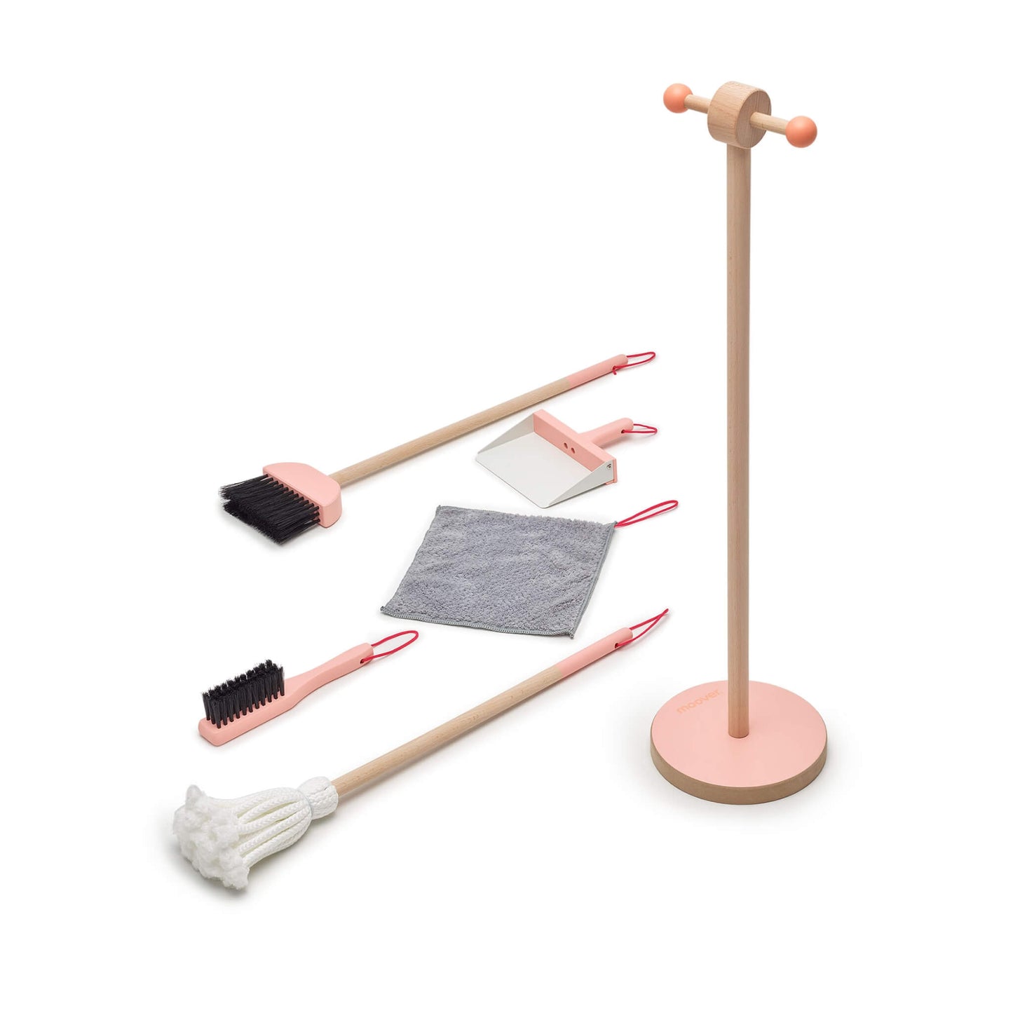Moover Cleaning Set in pink with wooden broom, dustpan, mop, brush, and cloth arranged separately on a white background.
