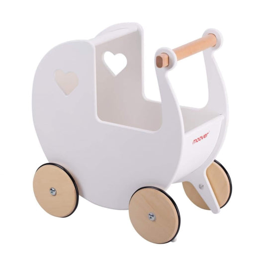 Side view of a white wooden doll’s pram with a curved frame, heart cut-outs, and a light wood handle and wheels with rubber rims.