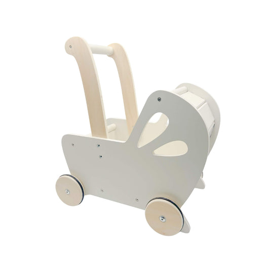 Side view of the Off White Moover wooden pram showing curved handles and minimalist cut-out design, highlighting its smooth finish and sturdy build.