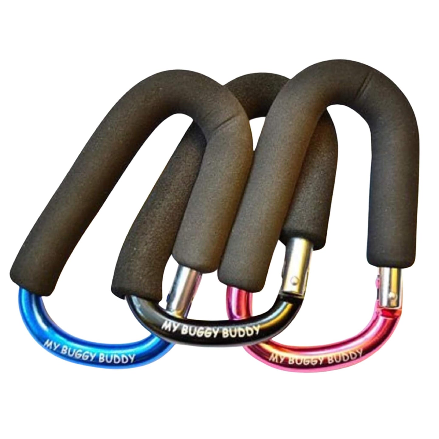 Selection of buggy clips in black, blue and pink arranged together to show colour options.
