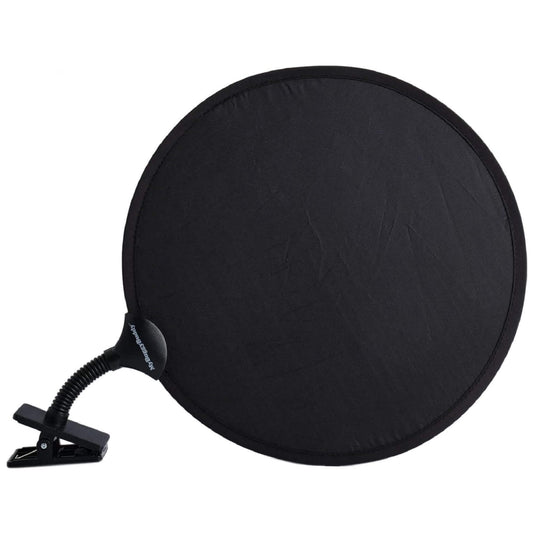 Round black pram sunshade with a flexible neck and sturdy clip designed to attach securely to a stroller frame.