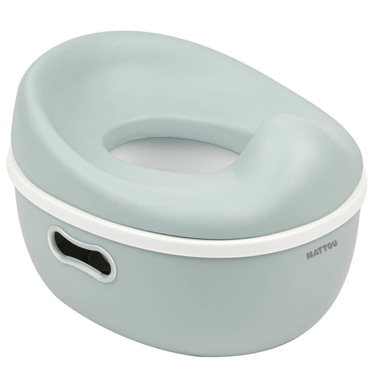 A soft green potty viewed from an angle, showing the contoured top seat fitted securely onto the base with an oval side cut-out.