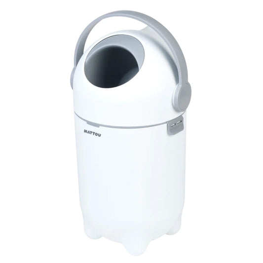 Side view of a white nappy bin, highlighting its ergonomic handle and sleek design.