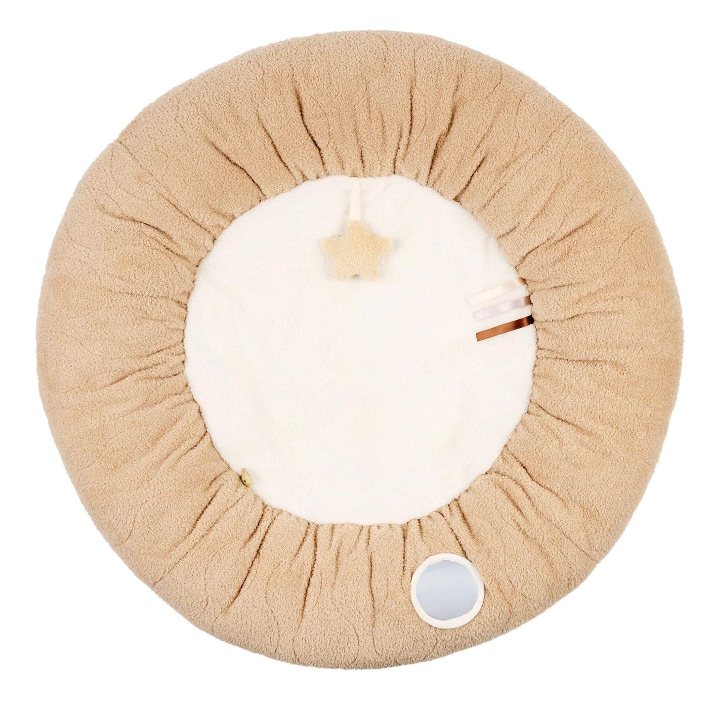 A round teddy fabric playmat shown without the arches, with a cream centre, padded outer ring and small sensory details such as a star and fabric tags.