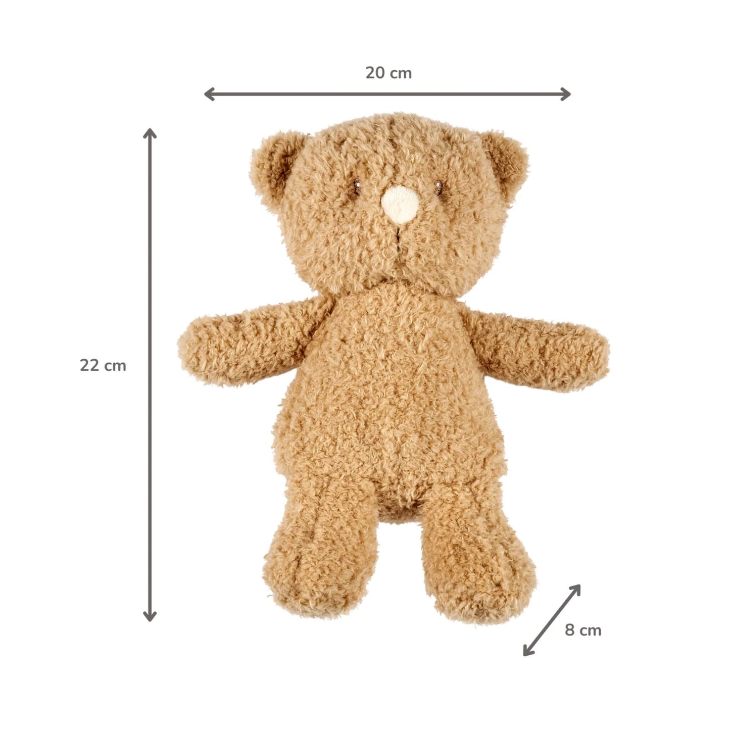 Beige teddy bear laid flat with measurement arrows indicating 22 centimetres in height, 20 centimetres across the arms and 8 centimetres across the legs.