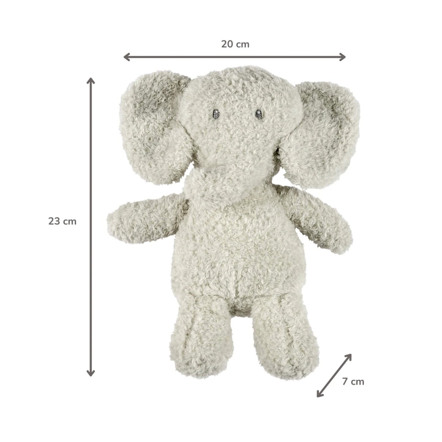 A plush elephant toy photographed flat against a white background with arrows marking its dimensions, labelled 23 cm in height, 20 cm in width and 7 cm in depth.