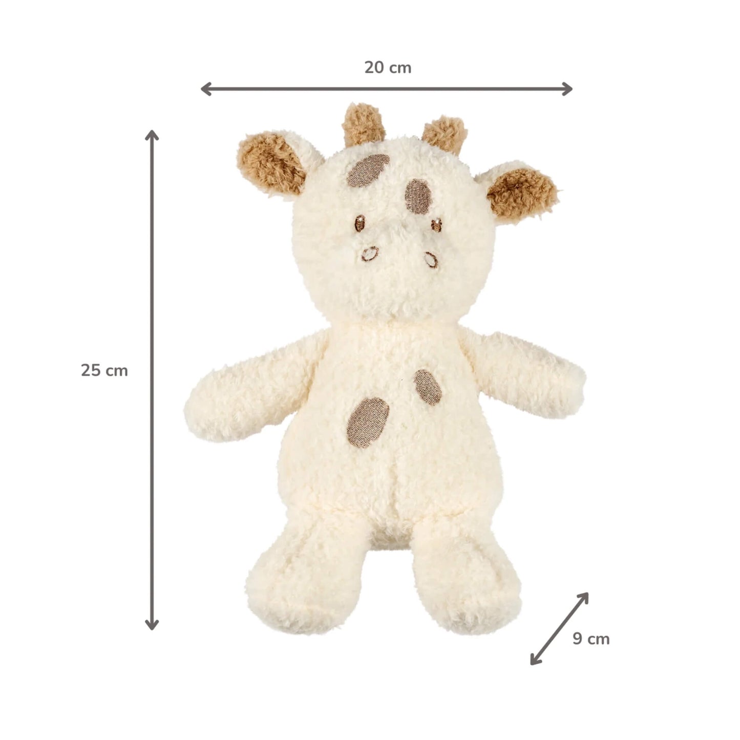 A giraffe plush toy displayed flat with measurement arrows indicating 25 cm height, 20 cm width and 9 cm depth, showing its cream fur, brown embroidered spots and soft rounded limbs.