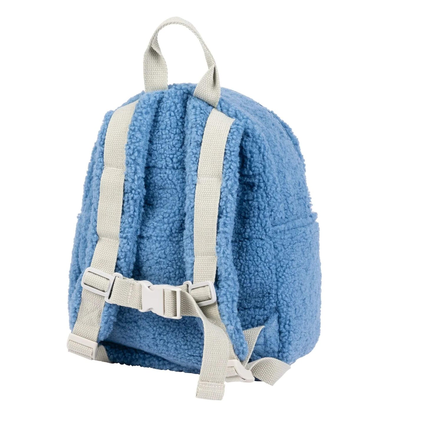 Back view of a blue soft teddy fabric backpack, featuring adjustable straps and a secure chest buckle.