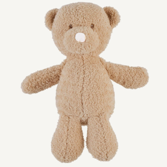 A soft brown teddy bear plush toy shown lying flat with outstretched arms, textured fur and simple embroidered facial features.